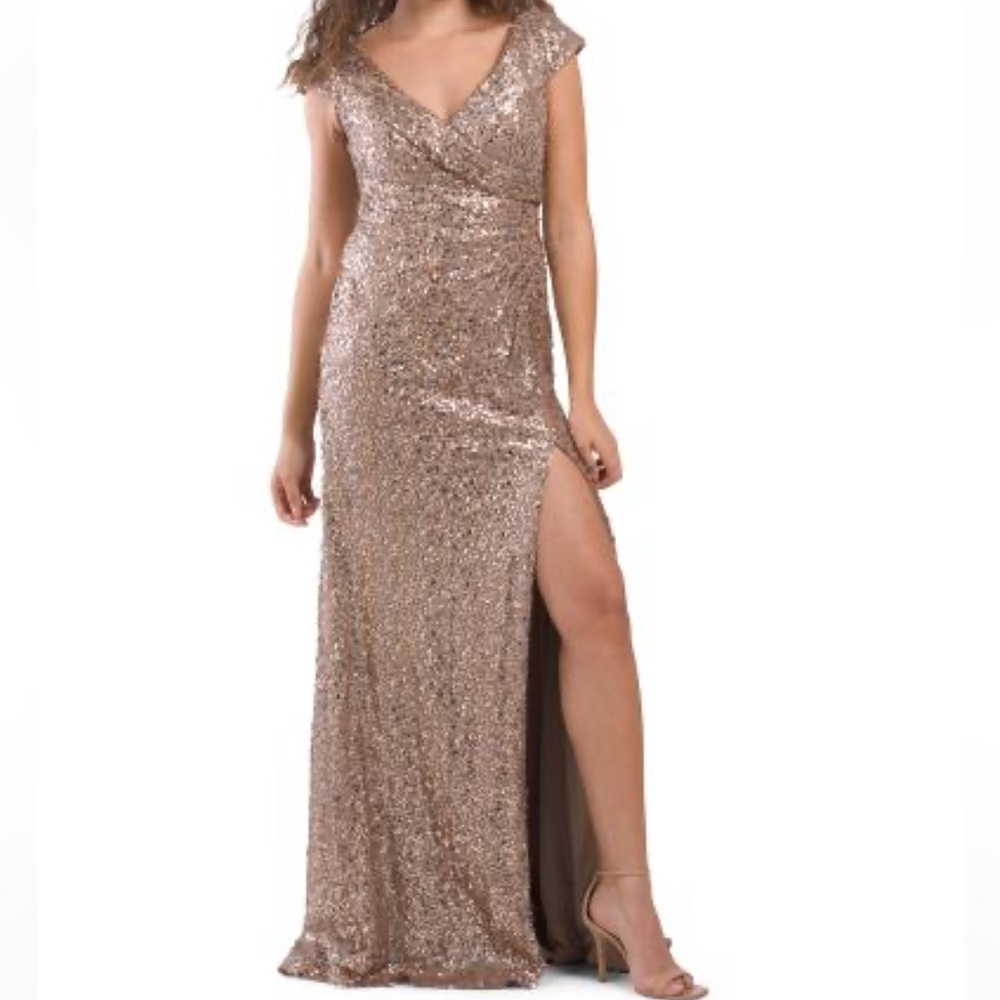 NWT Jovani Sz 22 Taupe/Bronze Sequin V-Neck Gown with Cap Sleeves 22336